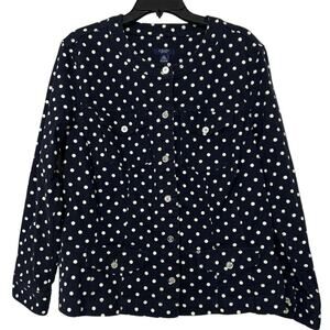Chaps Navy Blue White Polka Dot Flat Collar Cotton Stretch Denim Jacket Size 2X